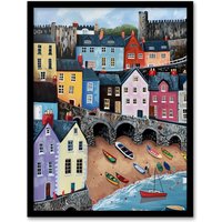 Artery8 Tenby Harbour Beach Colourful Coastal Townscape Framed Art Print | Size: W12" x H16"