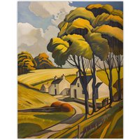 Artery8 Cotswolds Cottages Countryside English Landscape Wall Art Print in Yellow | Size: W18" x H24"