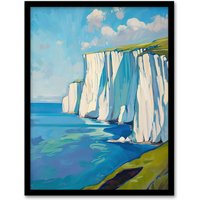 Artery8 White Cliffs of Dover Coastal Landscape Painting Framed Art Print in Blue | Size: A4