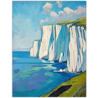 Artery8 White Cliffs of Dover Coastal Landscape Painting Wall Art Print in Blue | Size: W12" x H16"