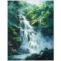 Artery8 Jungle Waterfall Amazon Rainforest Landscape Wall Art Print in Green | Size: W24" x H32"