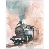 Artery8 Steam Train Blue Pink Watercolour Railfan Spotter Wall Art Print | Size: W12" x H16"