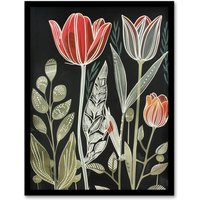 Artery8 Tulip Flower Field Red Green Grey Folk Art Floral Framed Art Print | Size: W12" x H16"