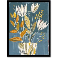 Artery8 Tulip Flowers Orange Blue Potted Plant Floral Framed Art Print | Size: A4