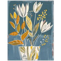 Artery8 Tulip Flowers Orange Blue Potted Plant Floral Wall Art Print | Size: W24" x H32"