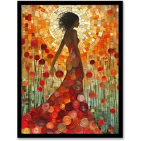 Artery8 Woman With Dress Of Roses Sunset Mosaic Collage Framed Art Print in Orange | Size: A4