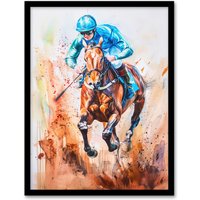 Artery8 Jockey Horse Racing Ascot Derby Watercolour Framed Art Print in Blue | Size: A4