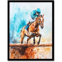 Artery8 Horse Jockey Jump Hurdles Obstacle Watercolour Framed Art Print in Blue | Size: A4