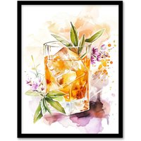 Artery8 Whiskey Smash Blue Basil Cocktail Bar Watercolour Framed Art Print in Orange | Size: W12" x H16"