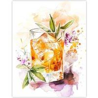 Artery8 Whiskey Smash Blue Basil Cocktail Bar Watercolour Wall Art Print in Orange | Size: W12" x H16"