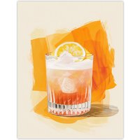 Artery8 Whiskey Sour Cocktail Fruit Slice Bar Watercolour Wall Art Print in Orange | Size: W24" x H32"