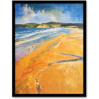 Artery8 Woolacombe Beach Watercolour Seaside Landscape Framed Art Print | Size: W12" x H16"