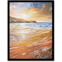 Artery8 Woolacombe Bay Seaside Sunset Coastal Landscape Framed Art Print in Orange | Size: A4