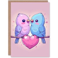 Artery8 Adorable Kawaii Birds Cartoon Kissing Love You Valentine's Day Card in Pink