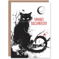Artery8 Black Cat Lover Crescent Moon Spooky Bright Halloween Card