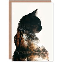 Artery8 Cat Lover Double Exposure Forest Lake Landscape Birthday Card in Black