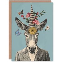 Artery8 Collage Party Time Stylish Floral Donkey Portrait Birthday Card in Blue
