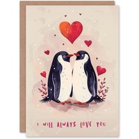 Artery8 Cute Penguin Couple Hearts Always Love You Anniversary Card in Red