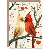 Artery8 Cute Cardinal Birds Couple Stylised Autumn Forest Birthday Card in Red