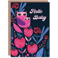 Artery8 Owl Mother & Child Cute Pink Blue Floral Design New Baby Card in Dark Navy