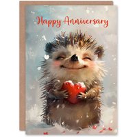 Artery8 Cute Happy Hedgehog Love Heart Snow Romance Anniversary Card in Grey