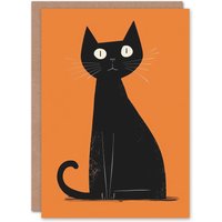 Artery8 Black Cat Lover Mid Century Modern Pet Orange Birthday Card