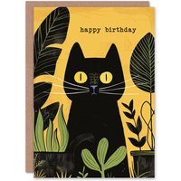 Artery8 Plant Lover Cute Black Cat Pet Botanical Yellow Birthday Card
