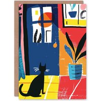 Artery8 Black Cat Lover Pet Waiting By Door Fun Painting Birthday Card