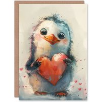 Artery8 Cute Penguin Baby Love Heart Sweet Painting Birthday Card in Off-White