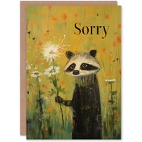 Artery8 Fun Sorry Racoon Holding Daisy Flower Oil Painting Apology Card in Yellow