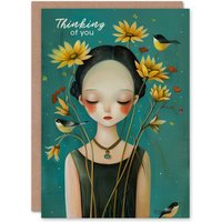 Artery8 Young with Birds & Flowers Thinking of You Sympathy Card in Green