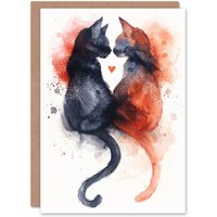 Artery8 Cat Lover Kitten Couple Love Kiss Watercolour Birthday Card in Orange