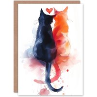 Artery8 Two Cats in Love Cute Couple Watercolour Valentine's Day Card in Orange