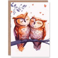 Artery8 Two Cute Horned Owl Birds in Love Bright Sweet Birthday Card in Orange