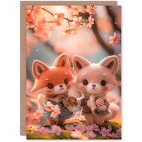 Artery8 Cute Felt Fox Couple Cherry Blossom Flower Picking Birthday Card in Pink
