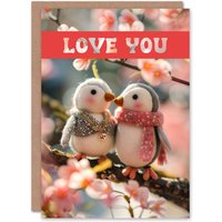 Artery8 Felt Penguins On Tree Branch Cute Love You Valentine's Day Card in Pink