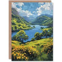 Artery8 Lake District Landscape Painting Helvellyn View Birthday Art Card in Blue