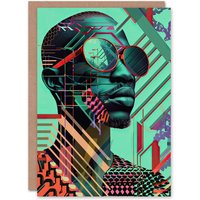 Artery8 Futuristic African Man Shades Portrait Teal Bold Birthday Art Card in Green