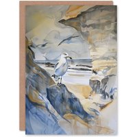 Artery8 Seagull Aldeburgh Beach Suffolk Watercolour Coast Birthday Art Card in Beige