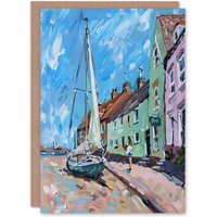 Artery8 Aldeburgh Harbour Acrylic Painting Sailboat Birthday Art Card in Blue