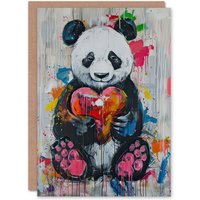 Artery8 Cute Panda with Loveheart Street Art Graffiti Pop Birthday Art Card in Grey
