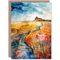 Artery8 Colourful Watercolour Bamburgh Castle View Floral Birthday Art Card in Orange