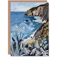 Artery8 Cornish Coast Painting Cornwall Wildflowers Birthday Art Card in Blue