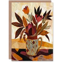 Artery8 Rustic Autumnal Flower Bouquet in Vase Painting Birthday Art Card in Beige