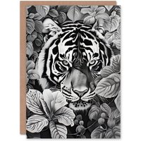 Artery8 Black White Tiger Jungle Botanical Portrait Birthday Art Card