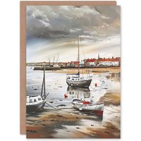 Artery8 Fishing Boats English Coastal East Yorkshire Birthday Art Card in Brown