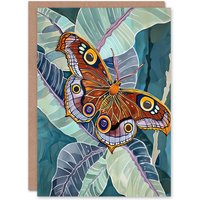 Artery8 Butterfly on Palm Leaf Painting Tropical Exotic Birthday Art Card in Blue