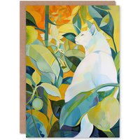 Artery8 Zen Pet White Cat Lover Garden Leaves Painting Birthday Art Card in Green