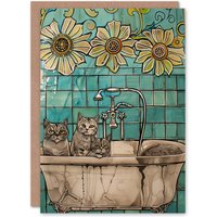 Artery8 Cats in Bathtub Cat Lover Bath Time Sunflower Birthday Art Card in Blue