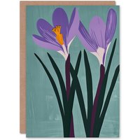 Artery8 Two Purple Crocus Flowers Painting Simple Floral Birthday Art Card in Blue